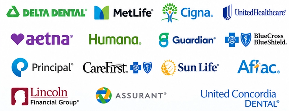 Dental insurance providers including Delta Dental, MetLife, Cigna, UnitedHealthcare, Aetna, Humana, Guardian, BlueCross BlueShield, Principal, CareFirst, Sun Life, Aflac, Lincoln Financial Group, Assurant, and United Concordia Dental